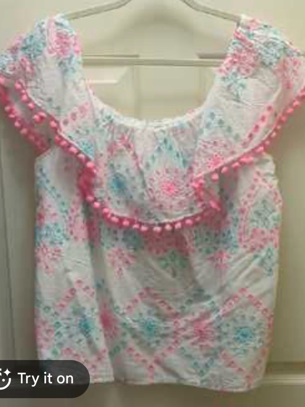 crown & ivy White Off-Shoulder Top with Pink Pom Trim and Aqua Floral Motif